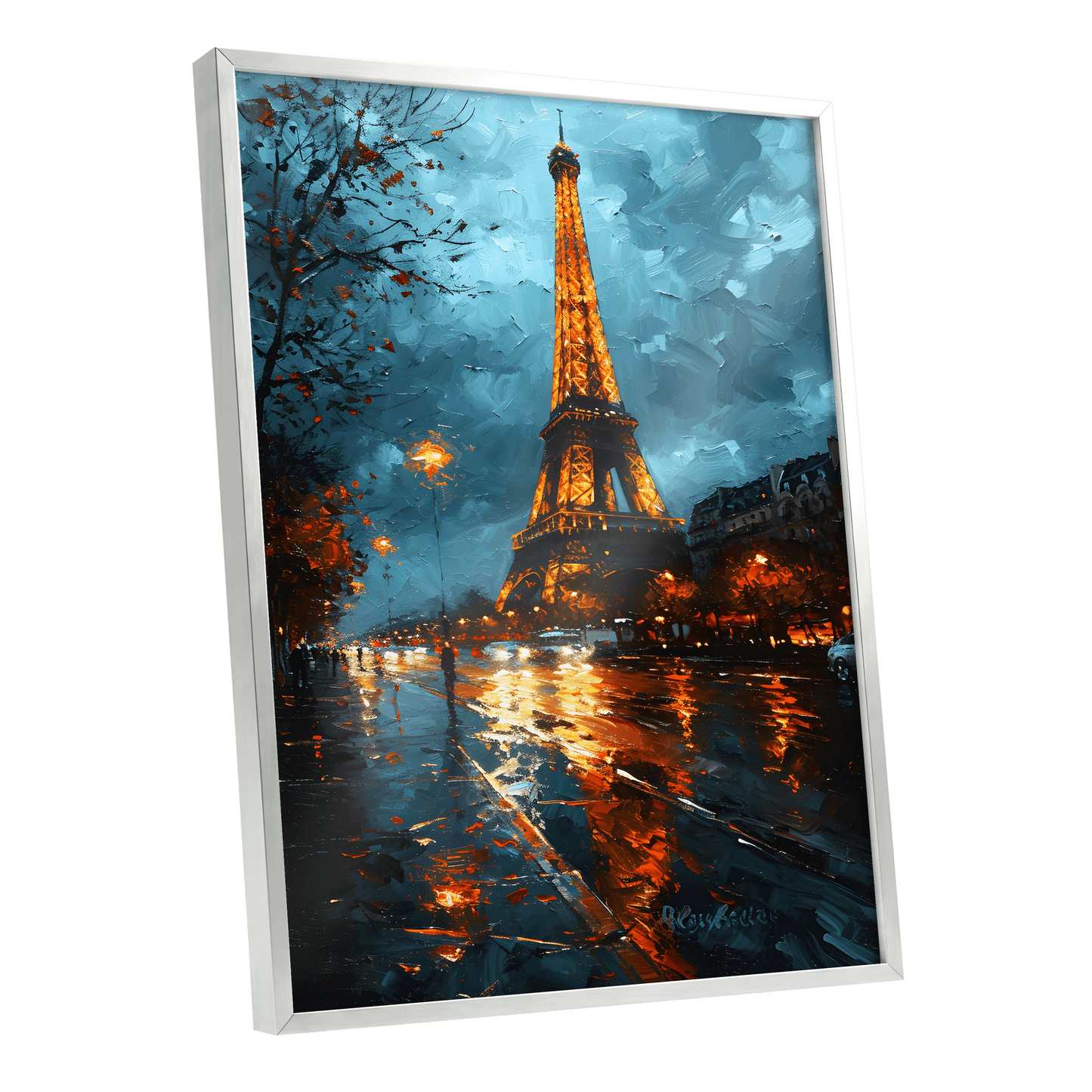Midnight Eiffel Glow, blue, orange, black abstract wall art shown as a silver framed poster wall art print