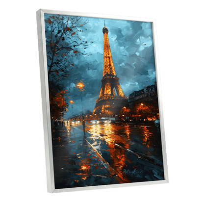 Midnight Eiffel Glow, blue, orange, black abstract wall art shown as a silver framed poster wall art print