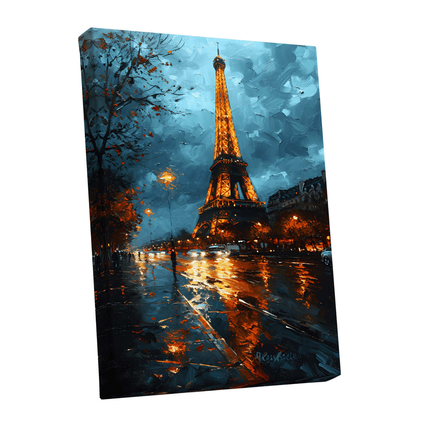 Midnight Eiffel Glow, blue, orange, black abstract wall art shown as a stretched canvas wall art