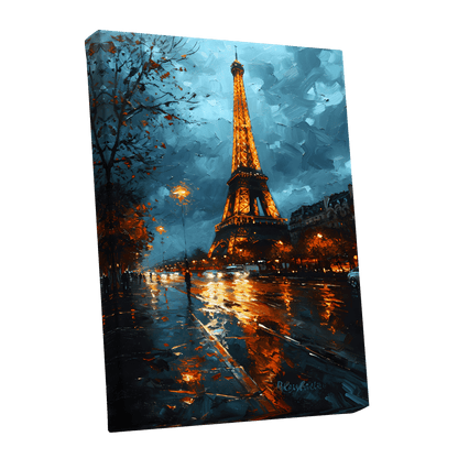 Midnight Eiffel Glow, blue, orange, black abstract wall art shown as a stretched canvas wall art