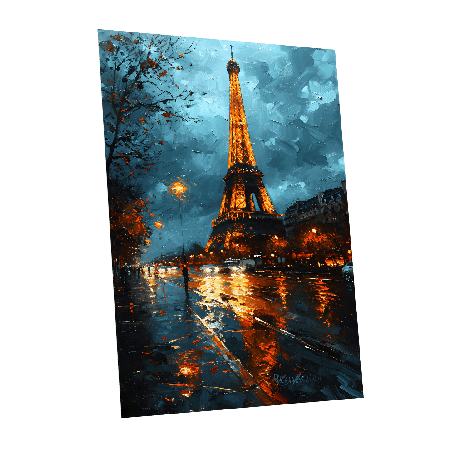 Midnight Eiffel Glow, blue, orange, black abstract wall art shown as a unframed poster wall art print