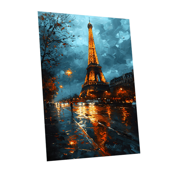 Midnight Eiffel Glow, blue, orange, black abstract wall art shown as a unframed poster wall art print