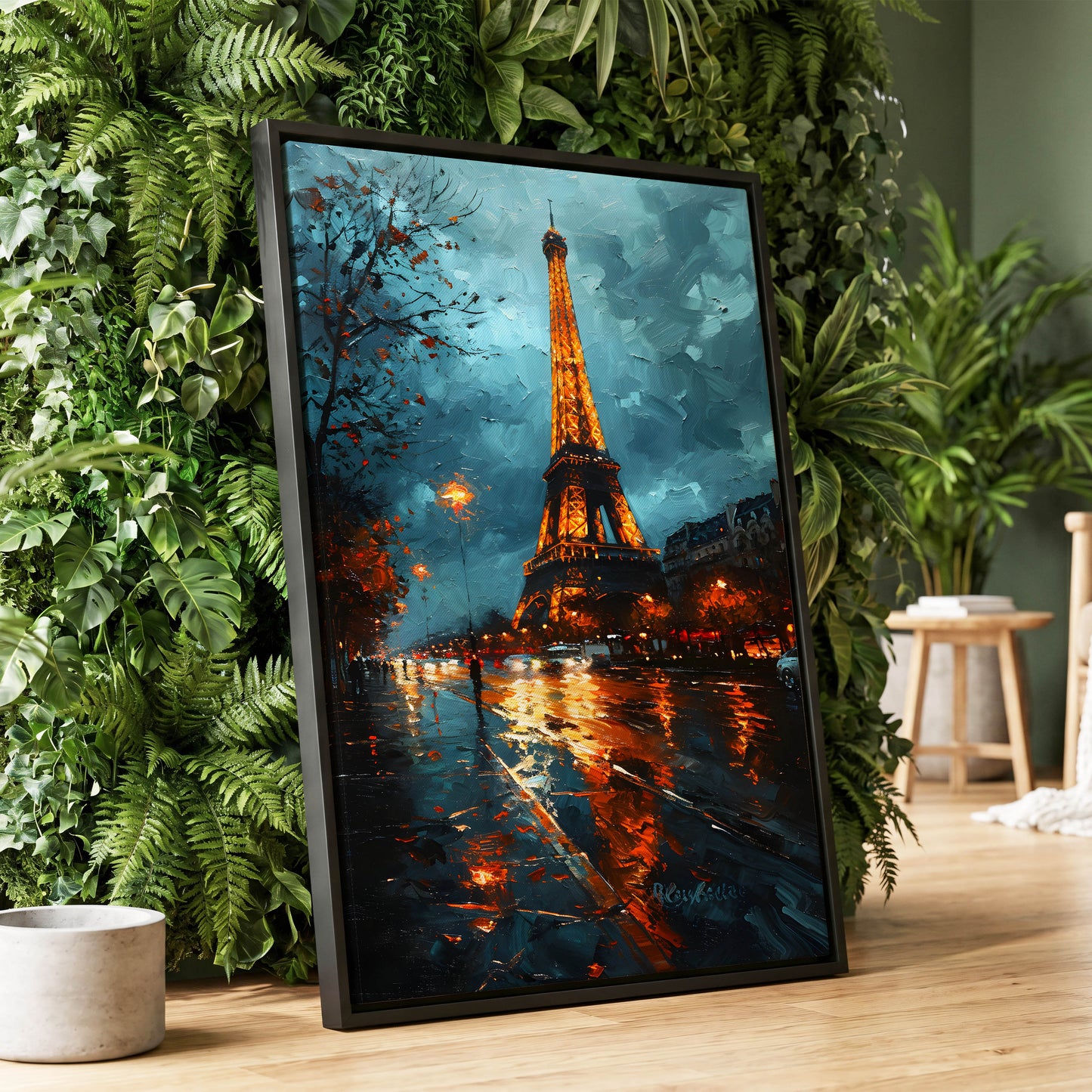 Midnight Eiffel Glow, blue, orange, black abstract wall art displayed in a styled interior, gallery view 1