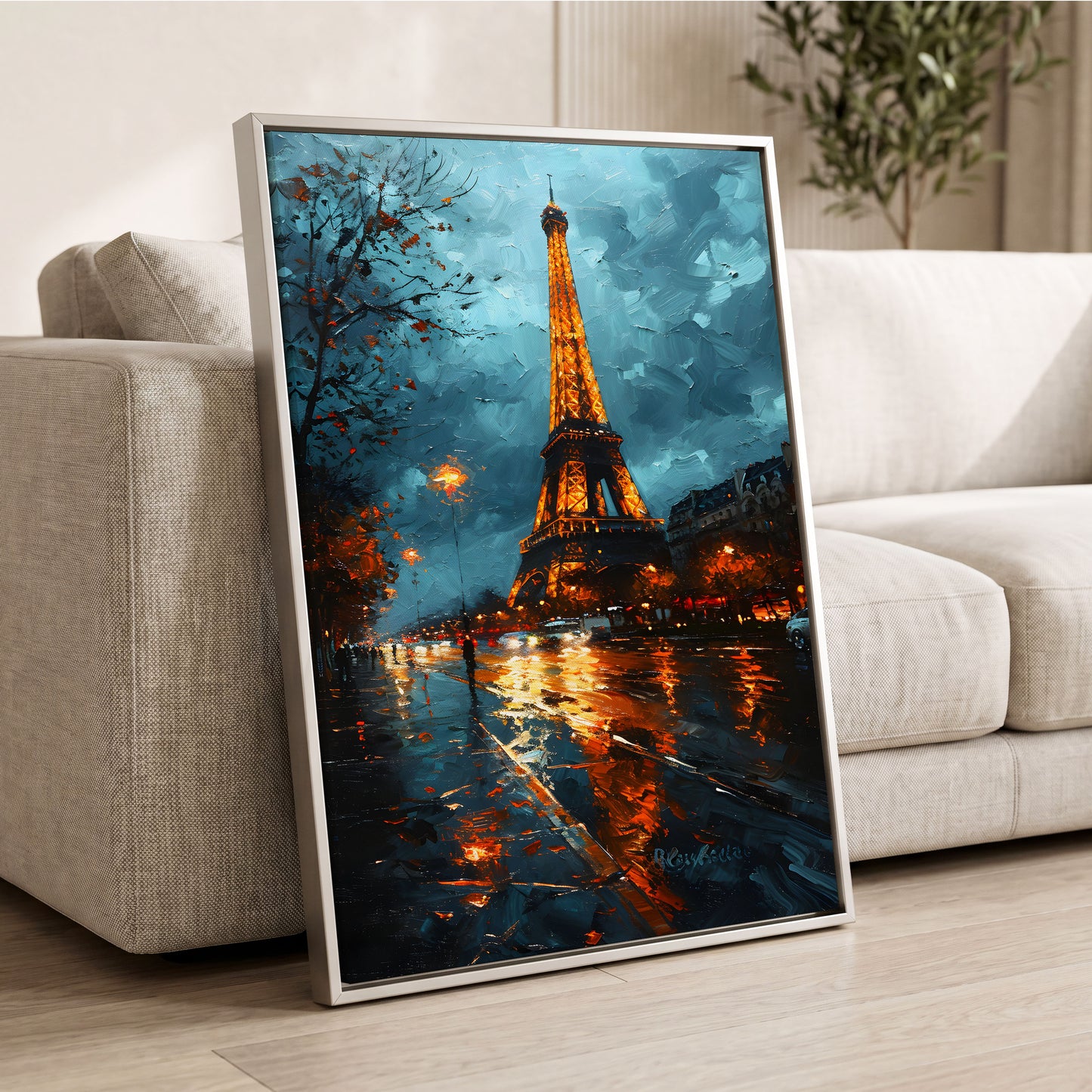 Midnight Eiffel Glow, blue, orange, black abstract wall art displayed in a styled interior, gallery view 2