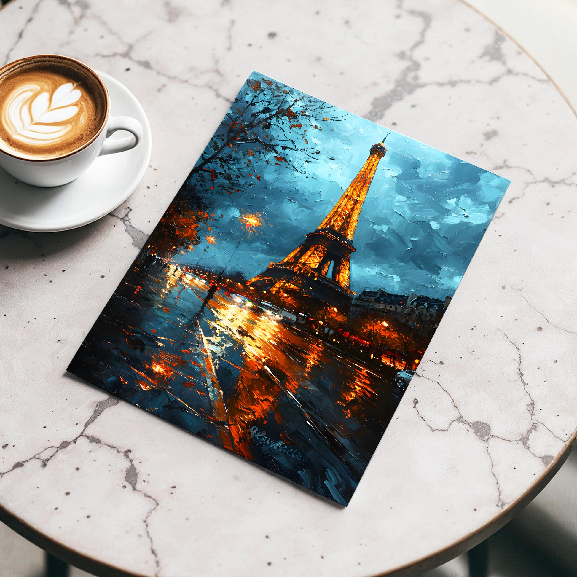 Midnight Eiffel Glow, blue, orange, black abstract wall art displayed in a styled interior, gallery view 3