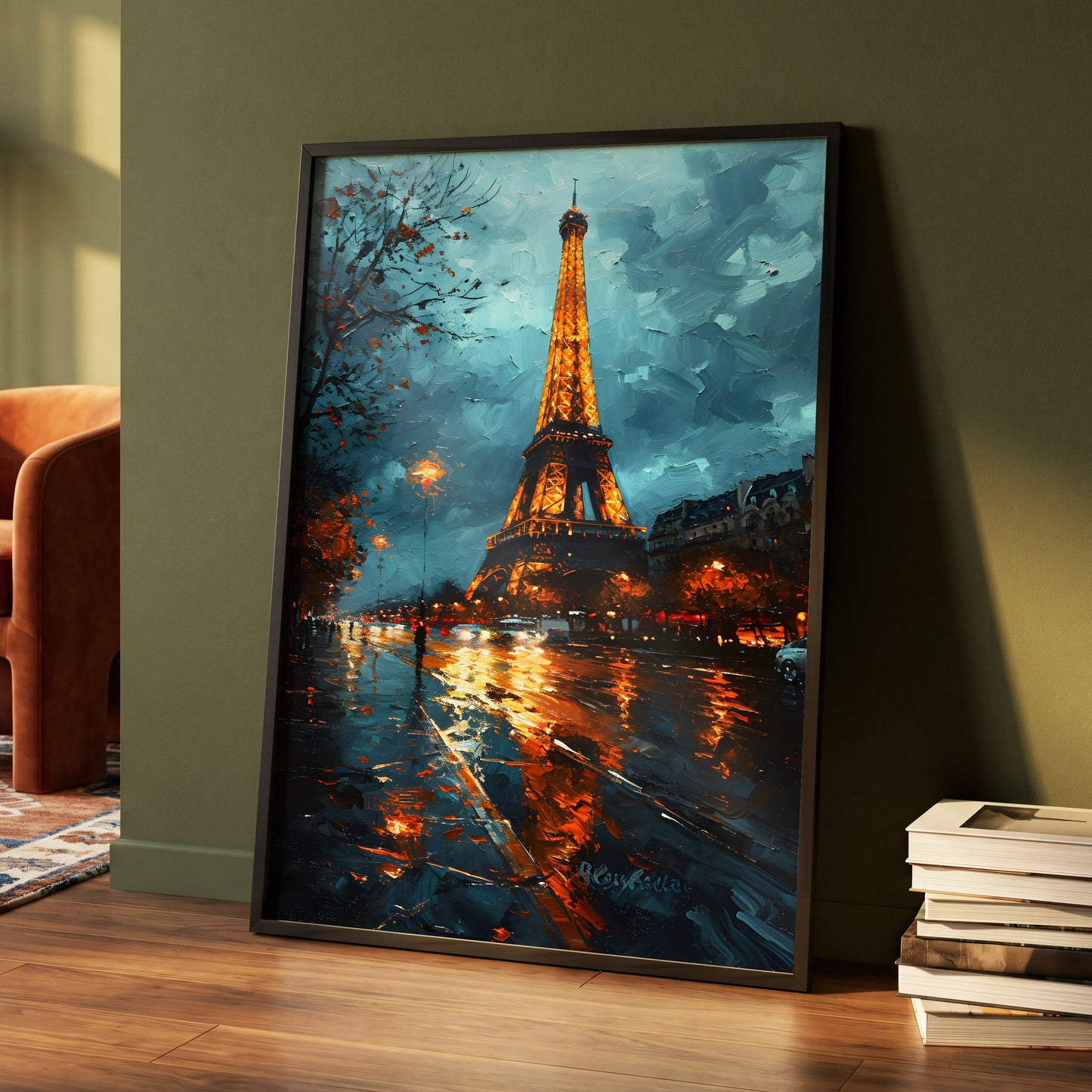 Midnight Eiffel Glow, blue, orange, black abstract wall art displayed in a styled interior, gallery view 4