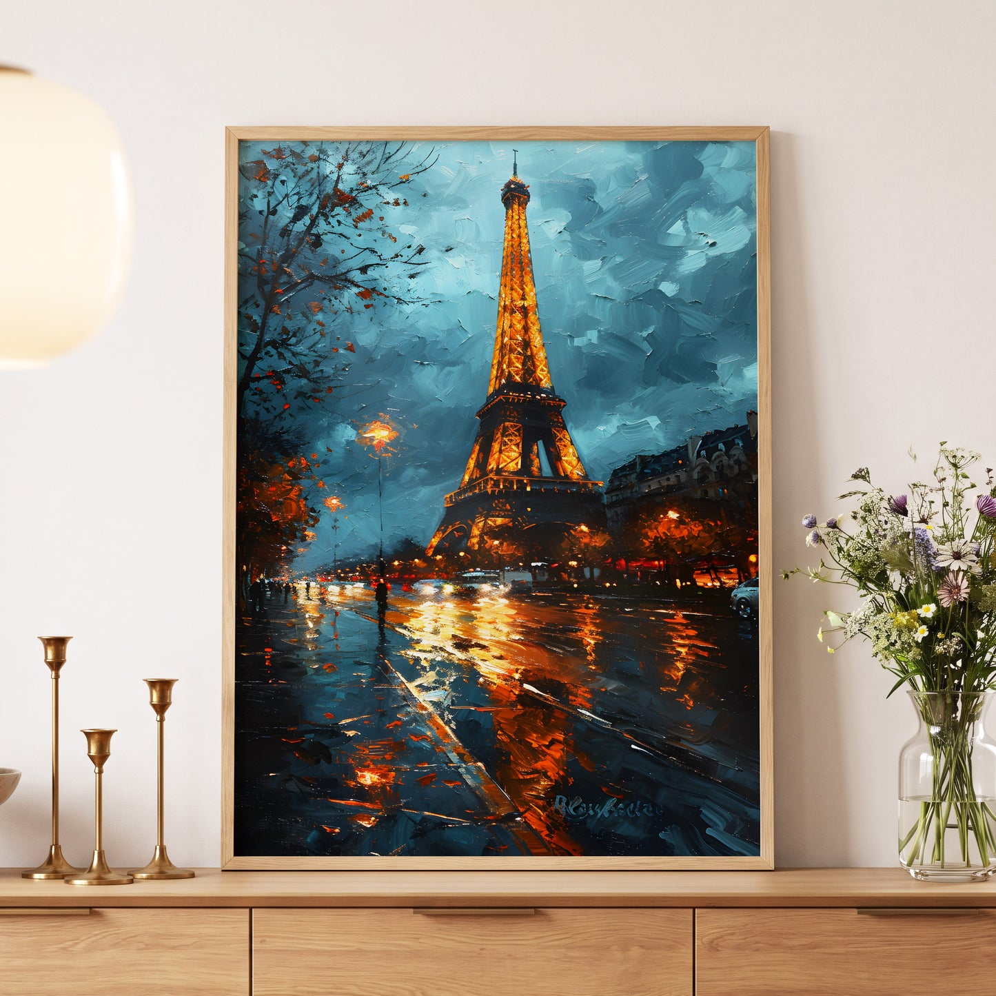 Midnight Eiffel Glow, blue, orange, black abstract wall art displayed in a styled interior, gallery view 5