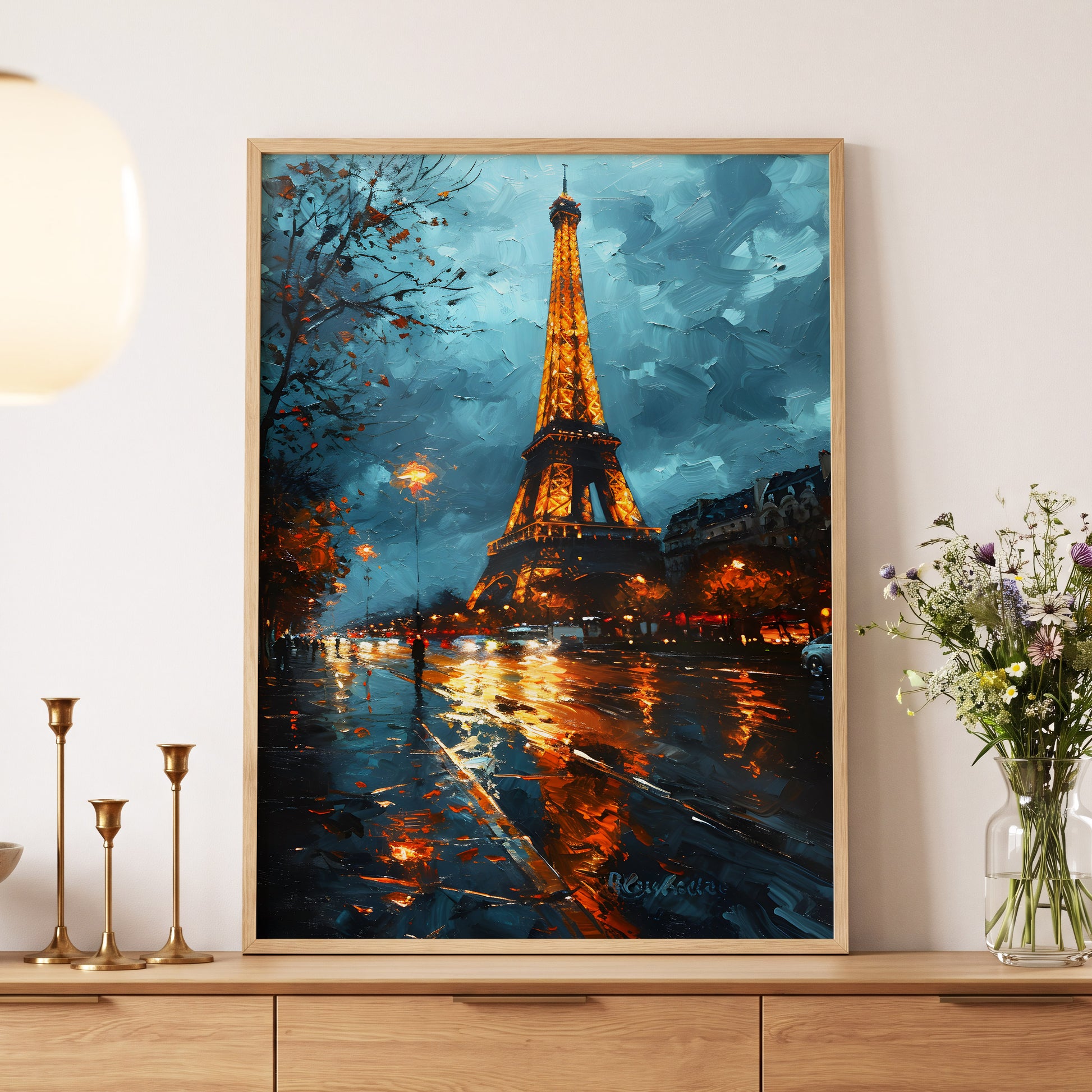 Midnight Eiffel Glow, blue, orange, black abstract wall art displayed in a styled interior, gallery view 5