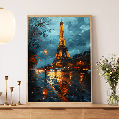 Midnight Eiffel Glow, blue, orange, black abstract wall art displayed in a styled interior, gallery view 5