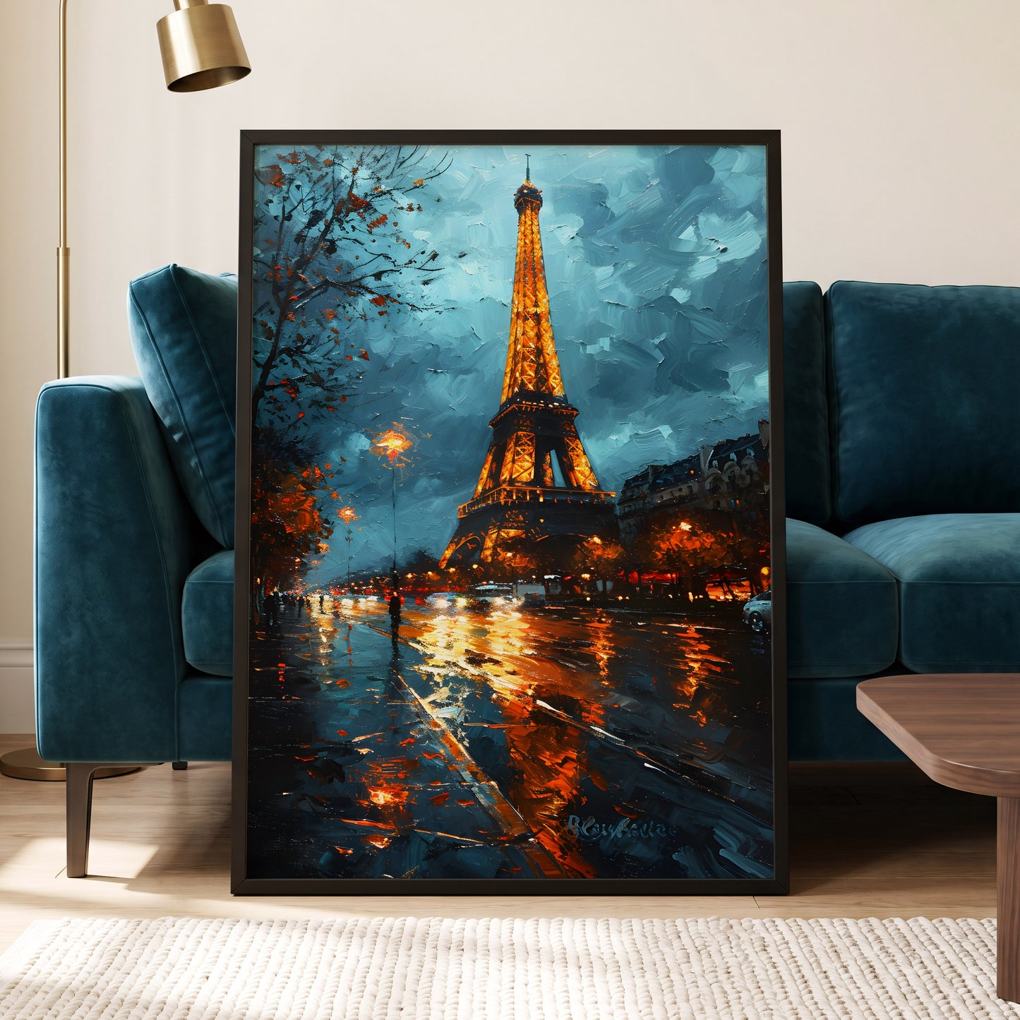 Midnight Eiffel Glow, blue, orange, black abstract wall art displayed in a styled interior, gallery view 6