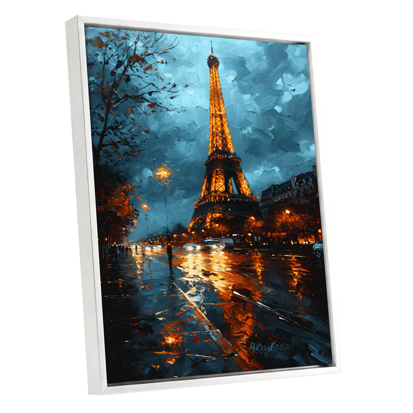 Midnight Eiffel Glow, blue, orange, black abstract wall art shown as a white framed canvas wall art