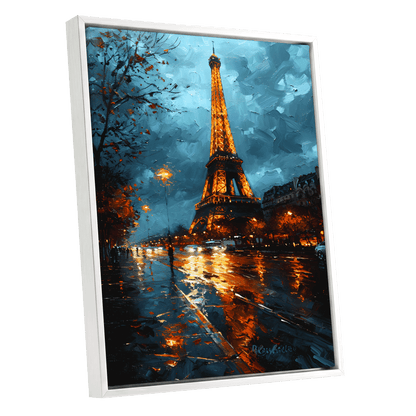 Midnight Eiffel Glow, blue, orange, black abstract wall art shown as a white framed canvas wall art