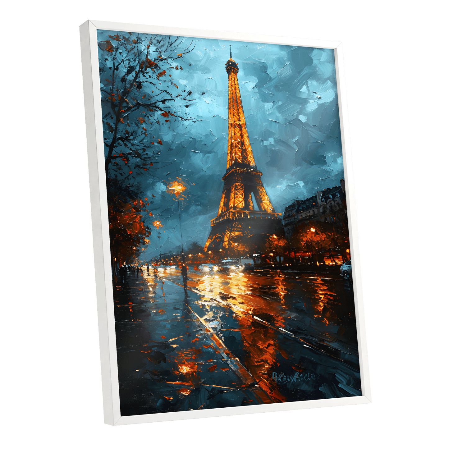 Midnight Eiffel Glow, blue, orange, black abstract wall art shown as a white framed poster wall art print