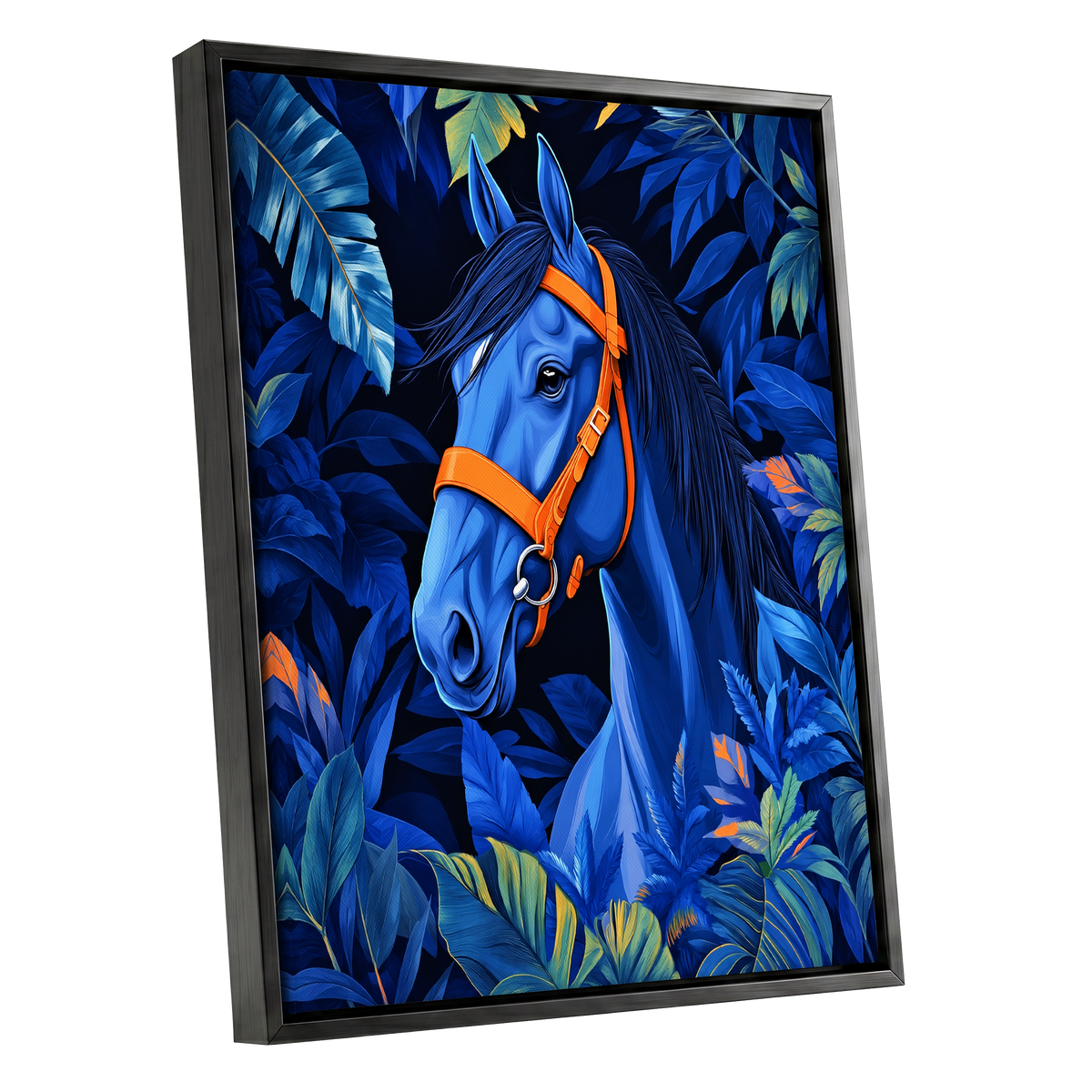 Midnight Equine, blue, orange, black nature wall art shown as a black framed canvas wall art