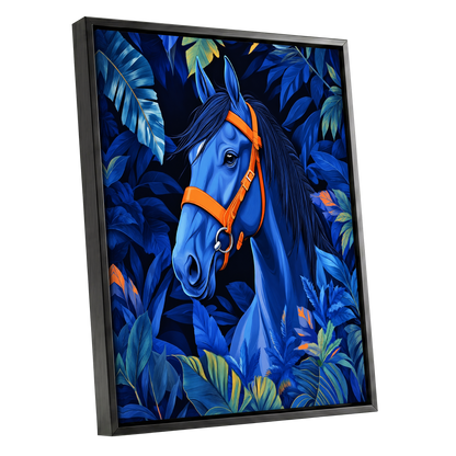 Midnight Equine, blue, orange, black nature wall art shown as a black framed canvas wall art