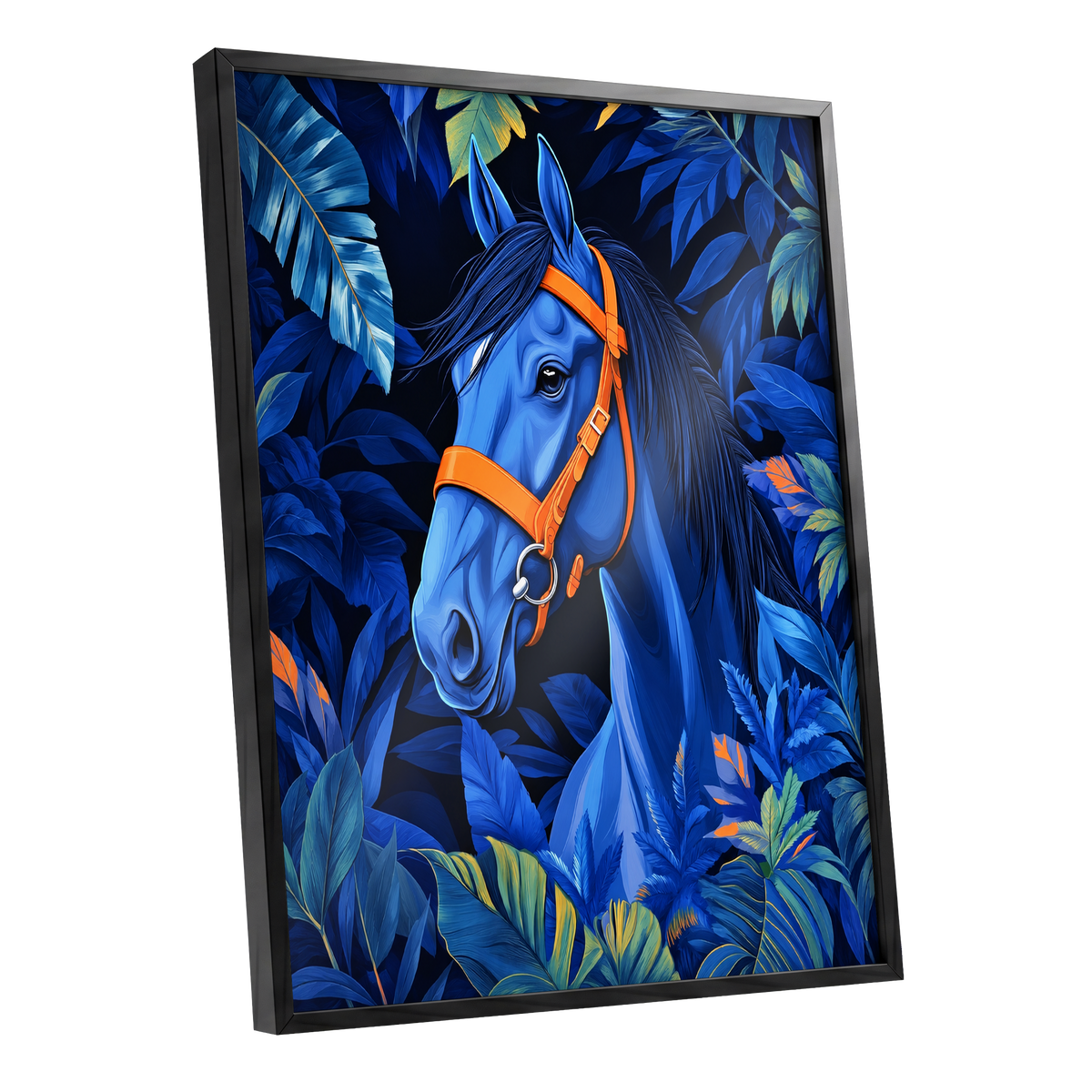 Midnight Equine, blue, orange, black nature wall art shown as a black framed poster wall art print