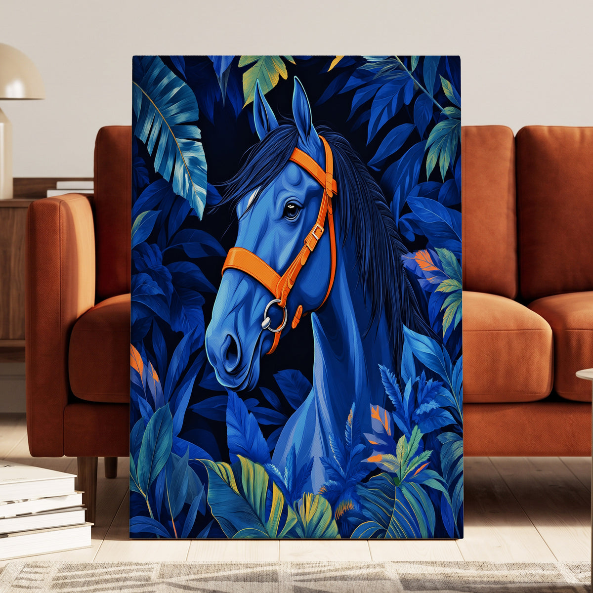 Midnight Equine, blue, orange, black nature wall art on canvas displayed in a styled interior, gallery view 1