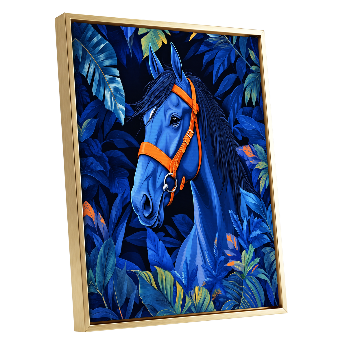 Midnight Equine, blue, orange, black nature wall art shown as a gold framed canvas wall art