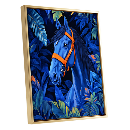 Midnight Equine, blue, orange, black nature wall art shown as a gold framed canvas wall art