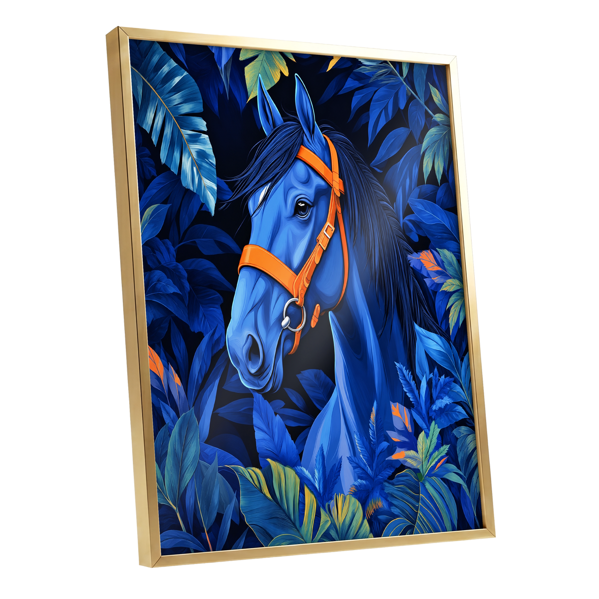 Midnight Equine, blue, orange, black nature wall art shown as a gold framed poster wall art print