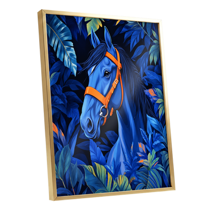 Midnight Equine, blue, orange, black nature wall art shown as a gold framed poster wall art print