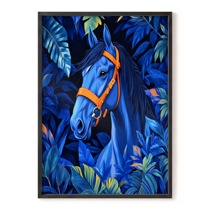 Midnight Equine, blue, orange, black nature wall art, front artwork view
