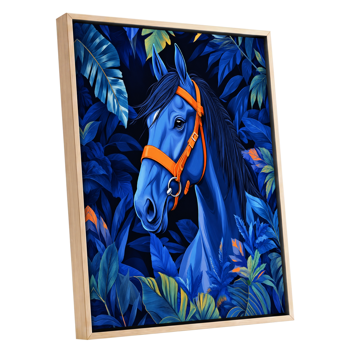 Midnight Equine, blue, orange, black nature wall art shown as a oak framed canvas wall art