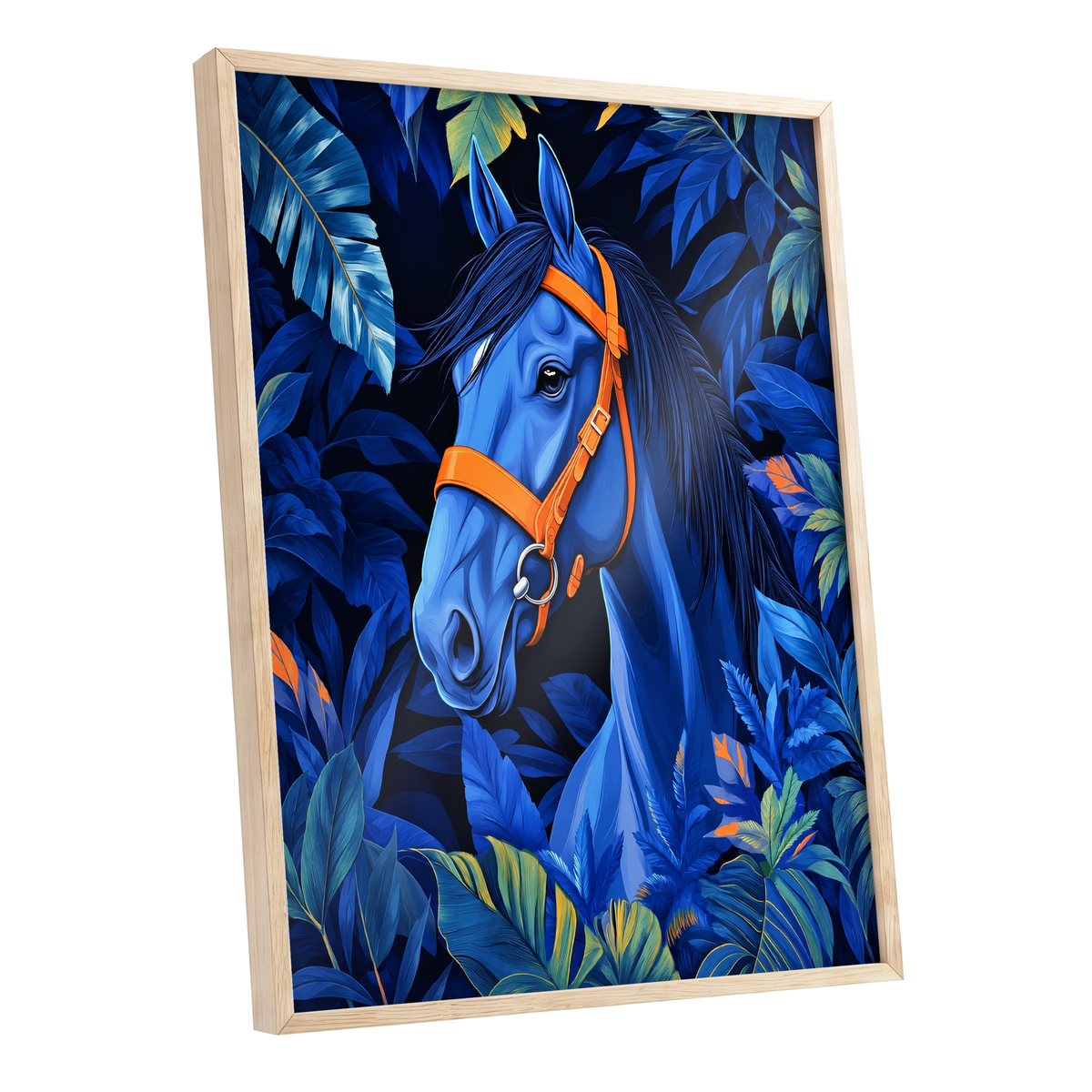 Midnight Equine, blue, orange, black nature wall art shown as a oak framed poster wall art print