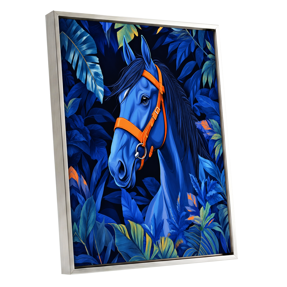 Midnight Equine, blue, orange, black nature wall art shown as a silver framed canvas wall art