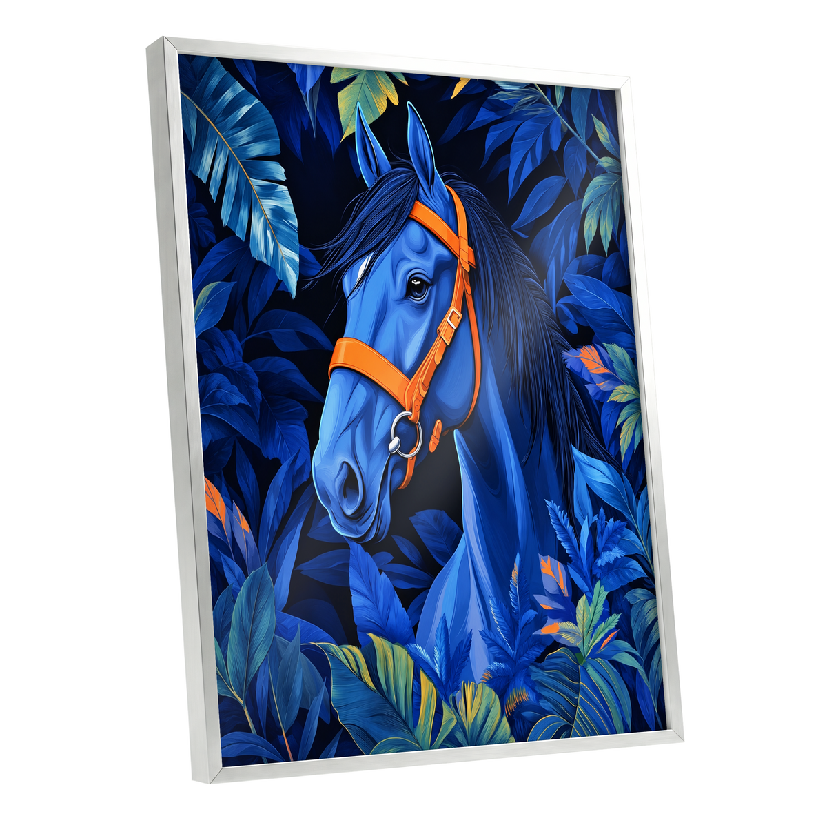 Midnight Equine, blue, orange, black nature wall art shown as a silver framed poster wall art print