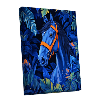 Midnight Equine, blue, orange, black nature wall art shown as a stretched canvas wall art