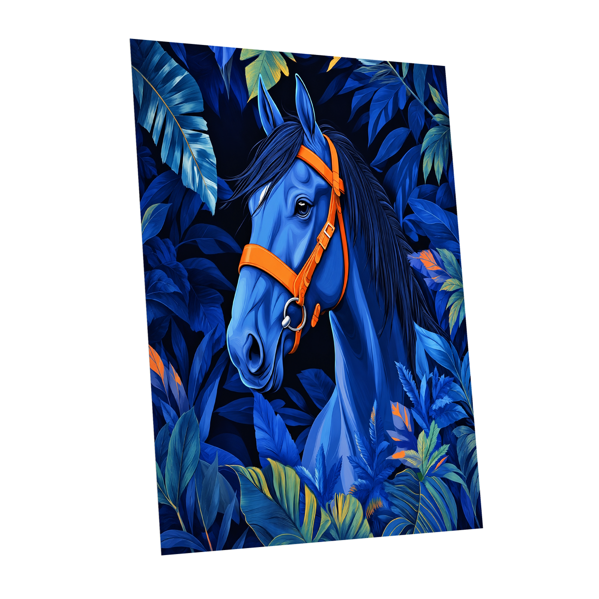 Midnight Equine, blue, orange, black nature wall art shown as a unframed poster wall art print