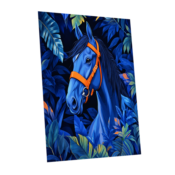 Midnight Equine, blue, orange, black nature wall art shown as a unframed poster wall art print