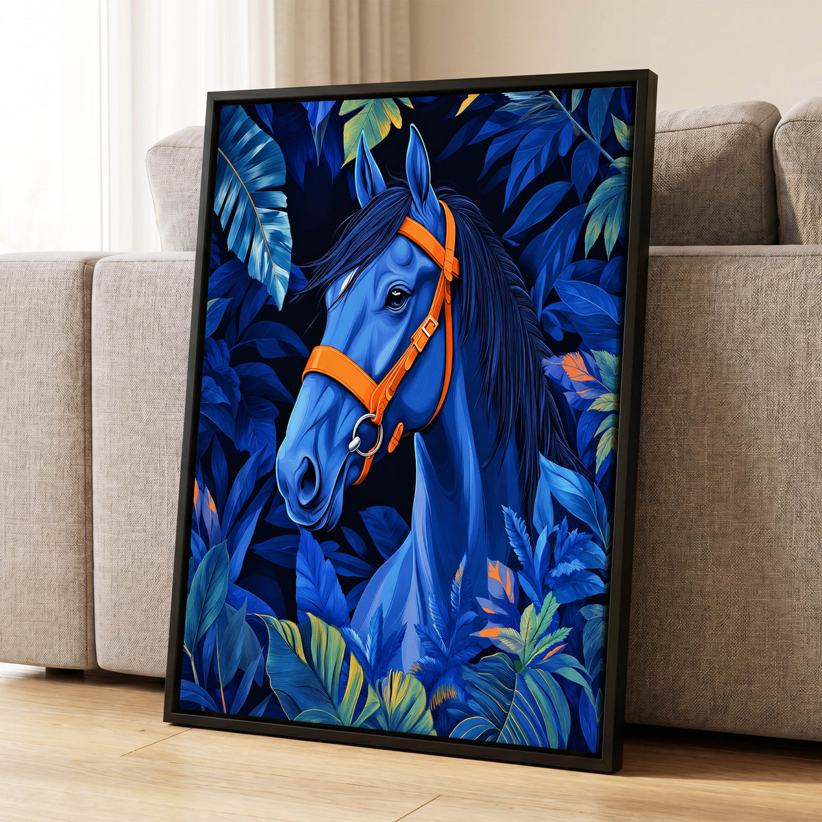 Midnight Equine, blue, orange, black nature wall art displayed in a styled interior, gallery view 1