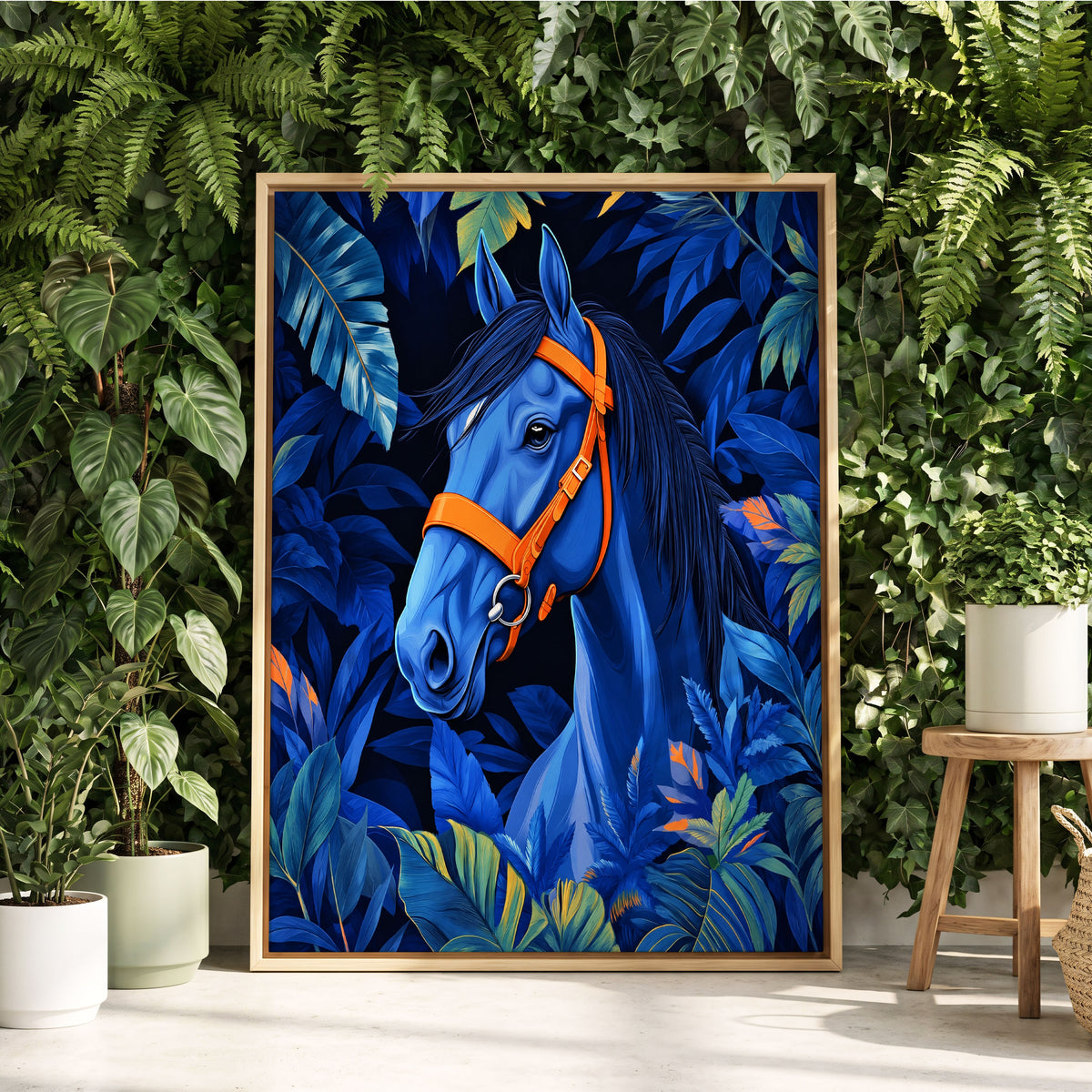 Midnight Equine, blue, orange, black nature wall art displayed in a styled interior, gallery view 2