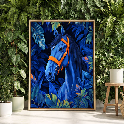 Midnight Equine, blue, orange, black nature wall art displayed in a styled interior, gallery view 2