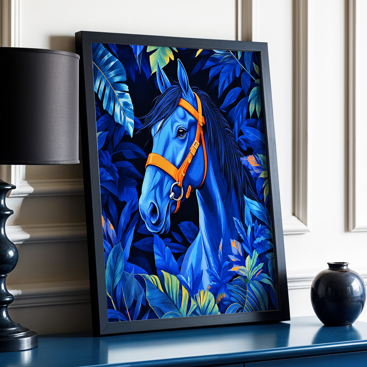 Midnight Equine, blue, orange, black nature wall art displayed in a styled interior, gallery view 3