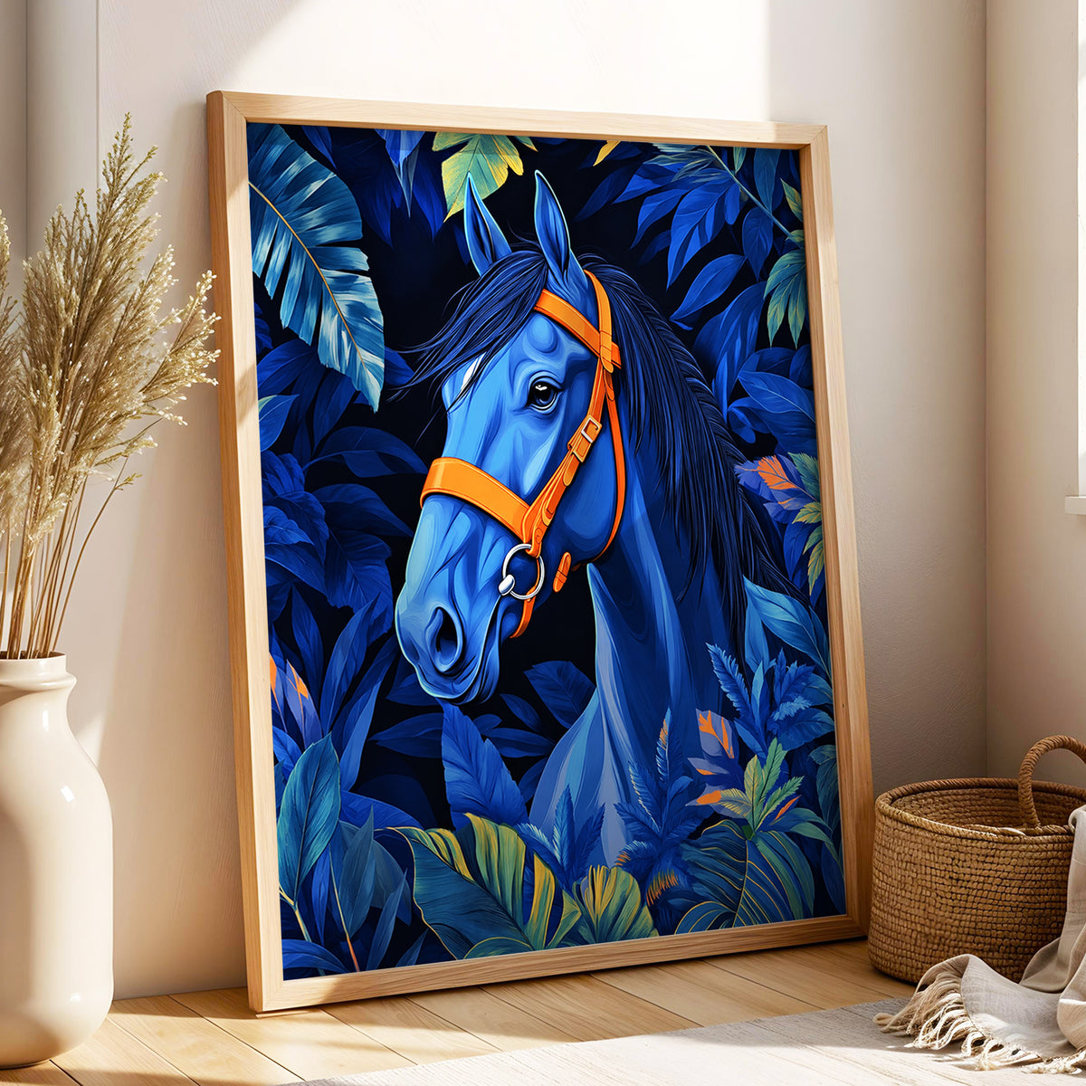 Midnight Equine, blue, orange, black nature wall art displayed in a styled interior, gallery view 4