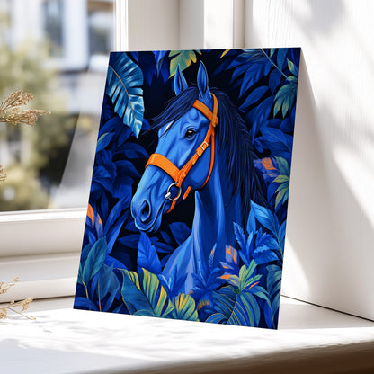 Midnight Equine, blue, orange, black nature wall art displayed in a styled interior, gallery view 5