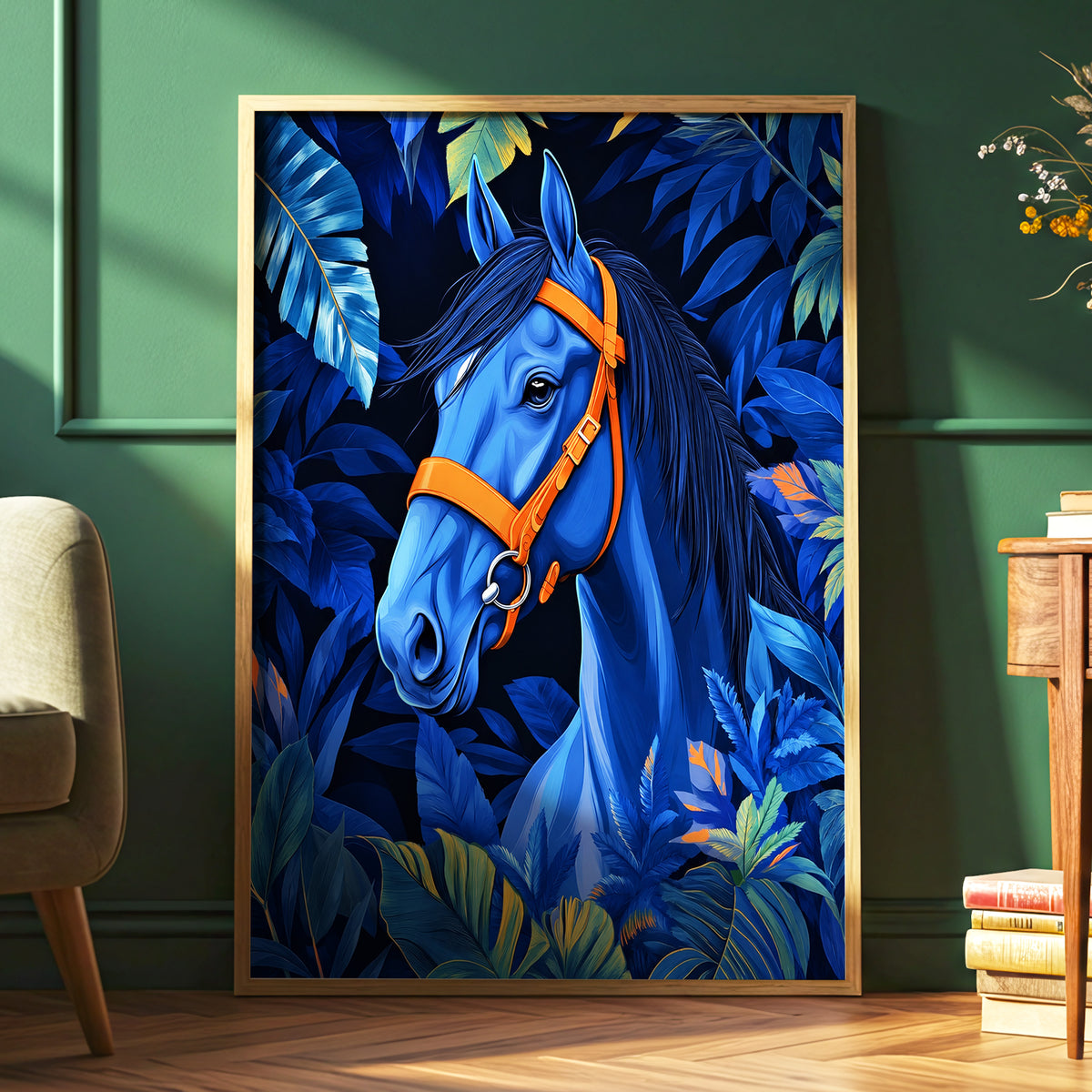Midnight Equine, blue, orange, black nature wall art displayed in a styled interior, gallery view 6