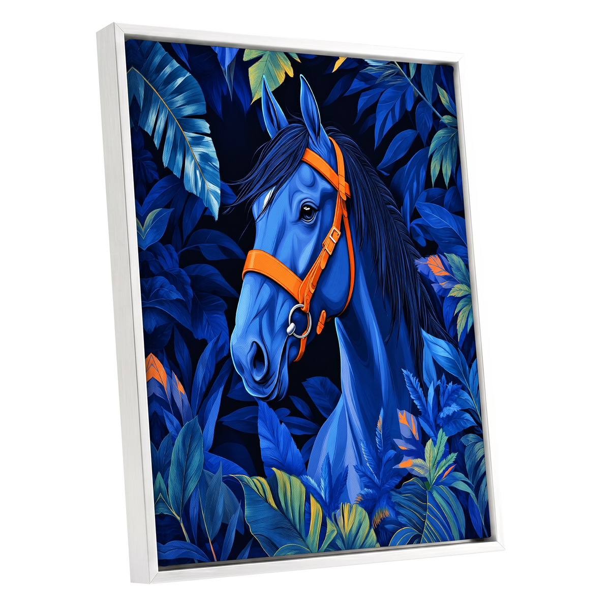 Midnight Equine, blue, orange, black nature wall art shown as a white framed canvas wall art