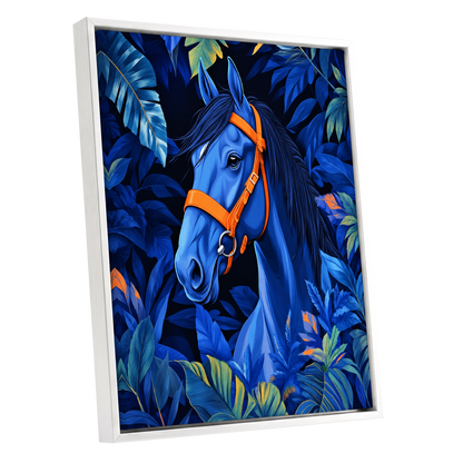 Midnight Equine, blue, orange, black nature wall art shown as a white framed canvas wall art