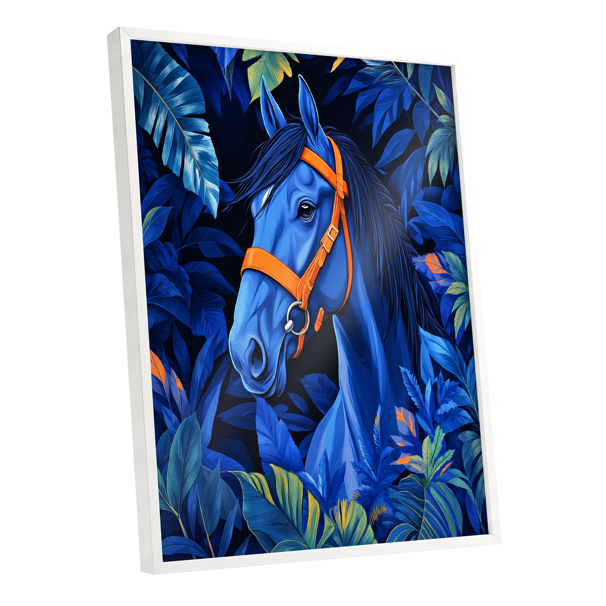 Midnight Equine, blue, orange, black nature wall art shown as a white framed poster wall art print