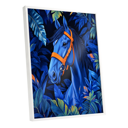 Midnight Equine, blue, orange, black nature wall art shown as a white framed poster wall art print
