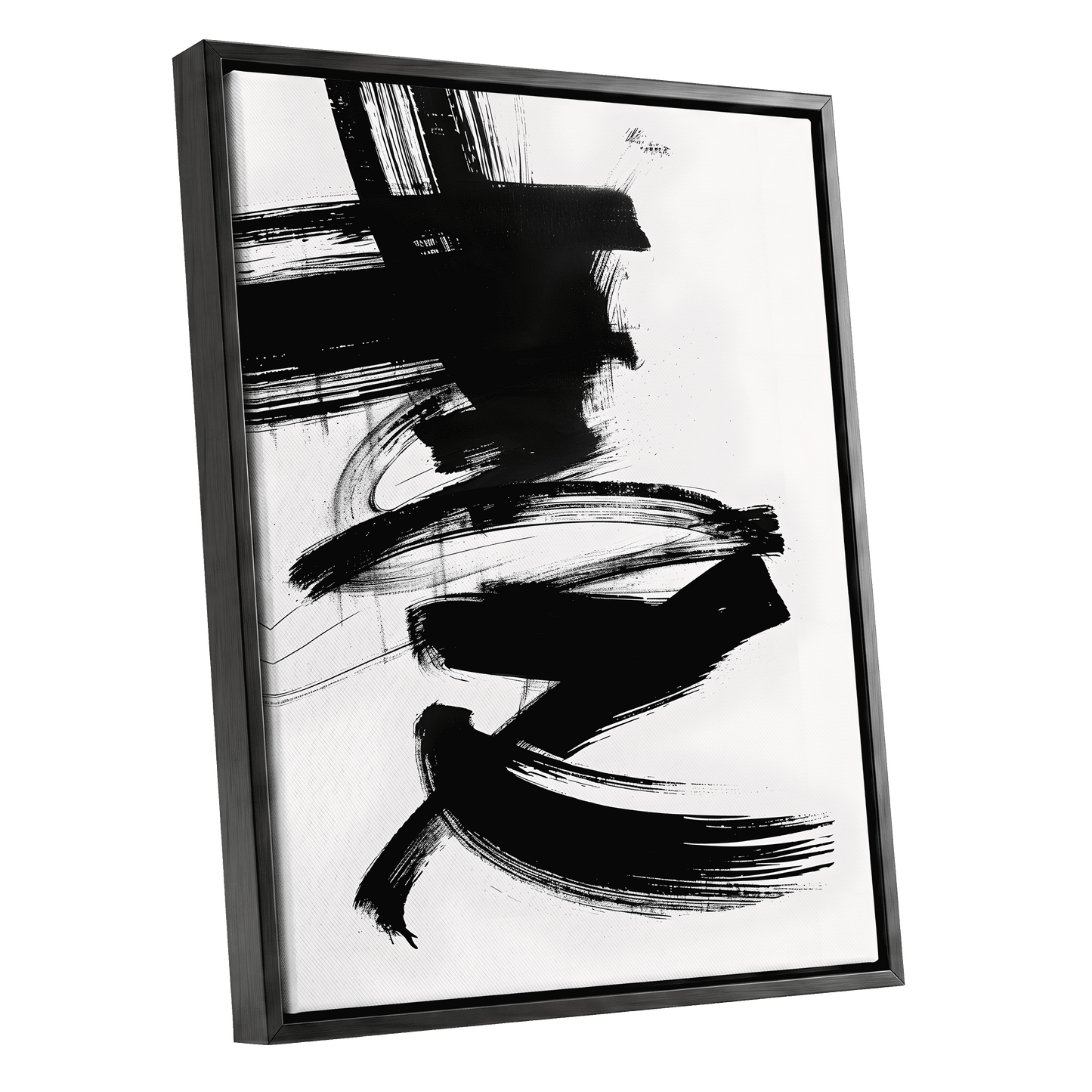 Midnight Gestures, black, white abstract wall art shown as a black framed canvas wall art