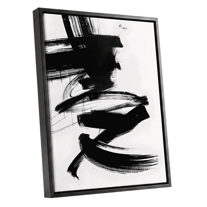 Midnight Gestures, black, white abstract wall art shown as a black framed canvas wall art