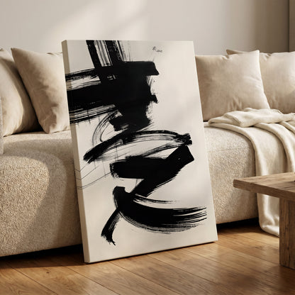 Midnight Gestures, black, white abstract wall art on canvas displayed in a styled interior, gallery view 1