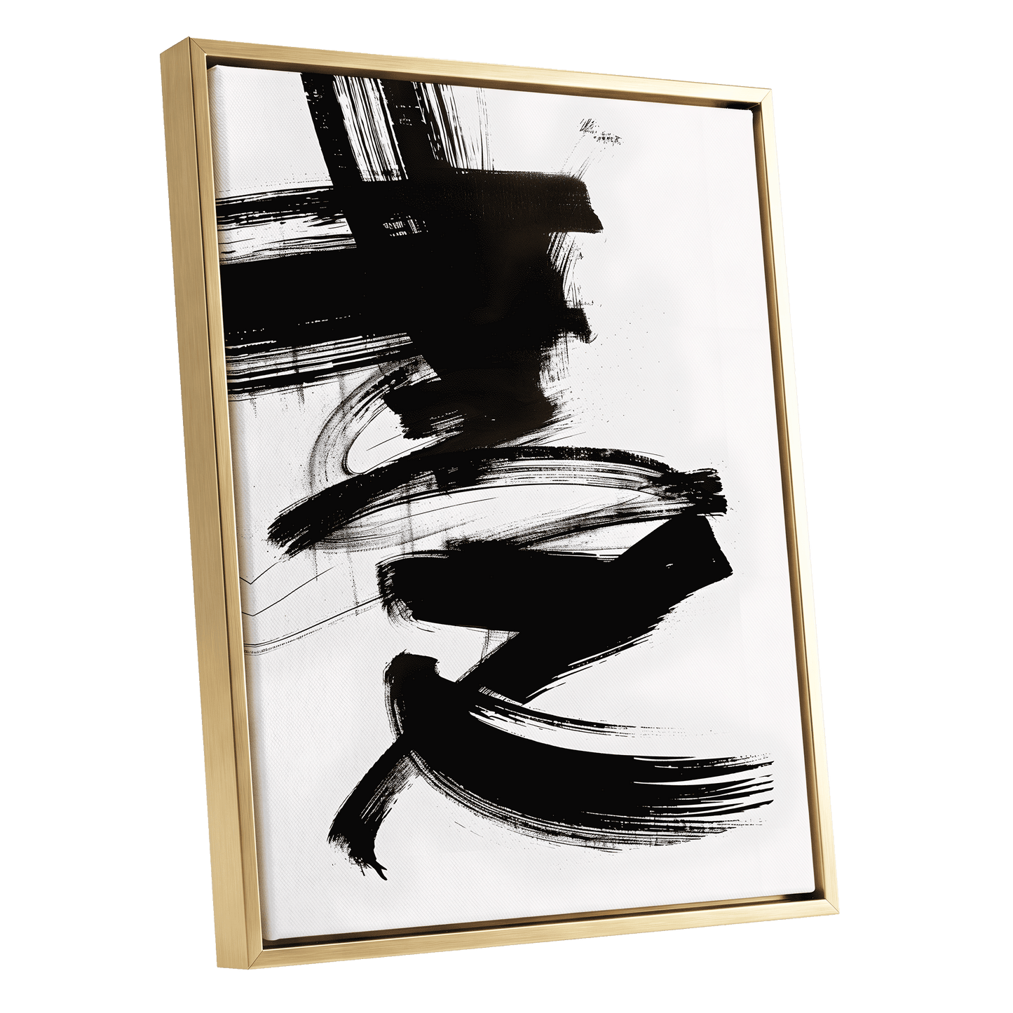 Midnight Gestures, black, white abstract wall art shown as a gold framed canvas wall art