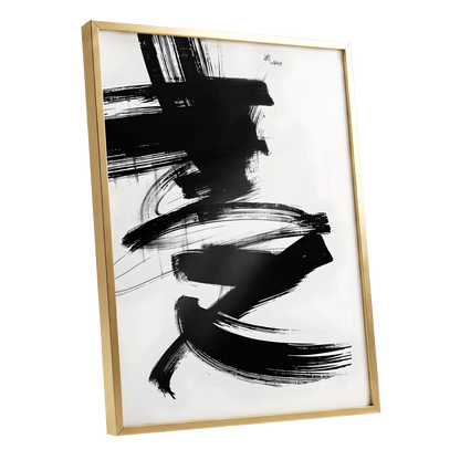 Midnight Gestures, black, white abstract wall art shown as a gold framed poster wall art print