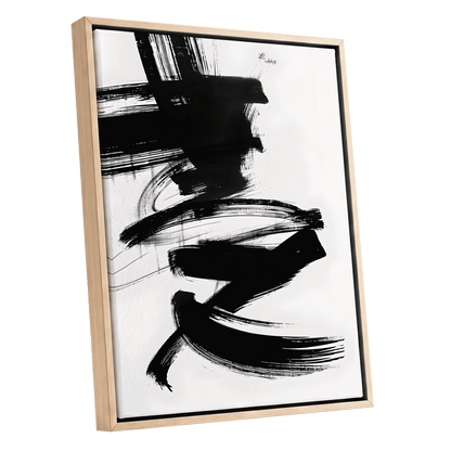 Midnight Gestures, black, white abstract wall art shown as a oak framed canvas wall art